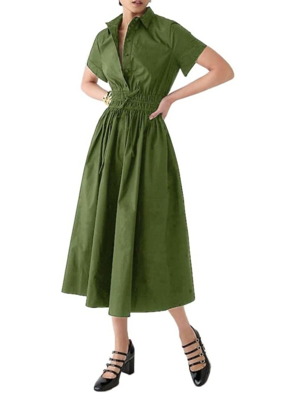 Chic Casual Button Down Short Sleeve Midi Dress with Tie Waist for Business